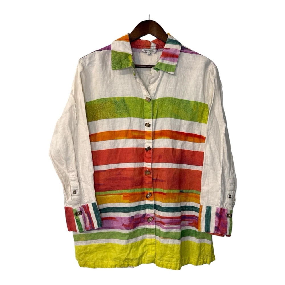 John Mark linen shirt women's large striped colorful button up art boho resort